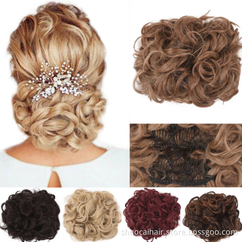 High Quality 2 Plastic Comb Clip In Curly Synthetic Hair Pieces Chignon Hair Bang With Gold Bun Extension Hair Accessories